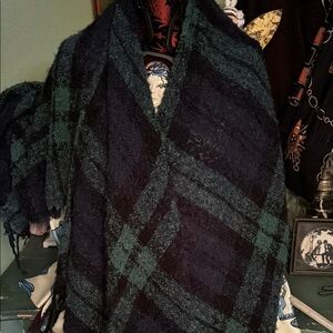 Plaid Wool Scarf in Black and Green poncho